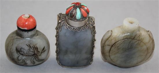 Three Chinese pale grey jade snuff bottles, 1850-1940, Richards no.s 449, 242 and 447